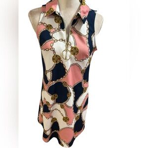 Boston Proper RETRO 60s twiggy style pink navy Sleeveless Chain Print dress